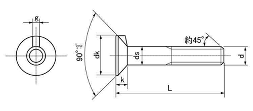 鉄 キー付き皿ボルト(ボルト単体)(ミリねじ)の寸法図