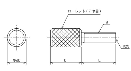 ステンレス スリ割り無し 長頭ローレットネジAタイプ (アヤ目)の寸法図