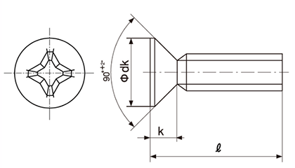 ステンレス(+)FLAT頭(皿頭) 小ねじ(DIN965)の寸法図