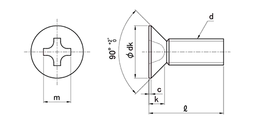 銅(C1100) (+)皿頭 小ねじの寸法図