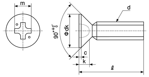 ステンレス 高強度(SUS316L)A4-70 (+) 皿頭 小ねじの寸法図