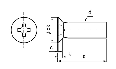 ステンレス SUS430(+)皿頭 小ねじ(小頭)の寸法図