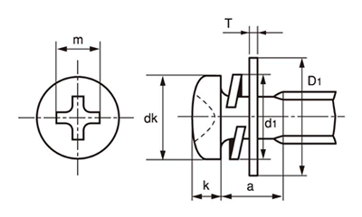 鉄(+)ナベ頭セムス小ねじ PD＝3 (バネ座+平座組込)(大径W12Φx0.8)の寸法図