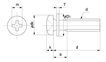 鉄(+) ナベ頭セムス小ねじ IK＝1(ISO小形平座 組込)の寸法図