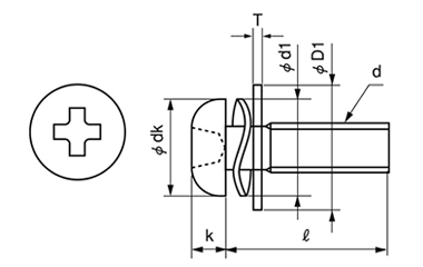 鉄(+) ナベ頭セムス小ねじ SP＝4 (ツーロック・バネ座+JIS小形平座 組込)の寸法図