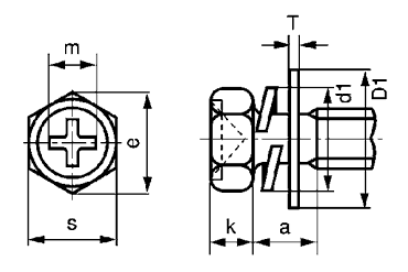 鉄(+)六角アプセット頭セムス小ねじ P＝3 (バネ座+JIS平座 組込)(全ねじ)の寸法図