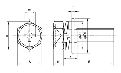 鉄(+)六角アプセット頭セムス小ねじ P＝4 (バネ座+JIS小形平座 組込)の寸法図