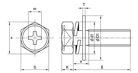 鉄(+)六角アプセット頭セムス小ねじ PD＝3 (バネ座+大径平座組込)の寸法図