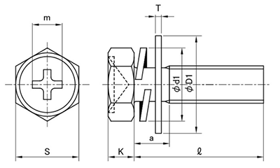 鉄(+)六角アプセット頭セムス小ねじ I＝3 (バネ座+ISO平座 組込)の寸法図