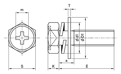 鉄(+)六角アプセット頭セムス小ねじ I＝4 (バネ座+ISO小形平座 組込)の寸法図