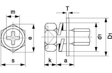 鉄(+)小形六角アプセット頭セムス小ねじ P＝3 (バネ座+JIS平座 組込)の寸法図