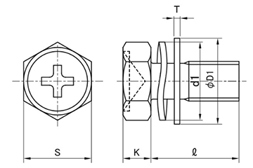 鉄(+)六角アプセット頭セムス小ねじ SP＝4 (ツーロック・バネ座+JIS小形平座 組込)の寸法図