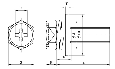 鉄(+)六角アプセット頭セムス小ねじ PD＝3大型 (バネ座+特寸・大径平座 組込)の寸法図