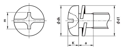鉄(+)(-) ナベ頭セムス小ねじ P＝2 (バネ座組込)の寸法図