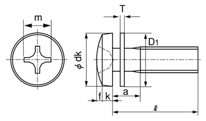 鉄(+)バインド頭セムス小ねじ PK＝1(JIS小形平座組込)の寸法図