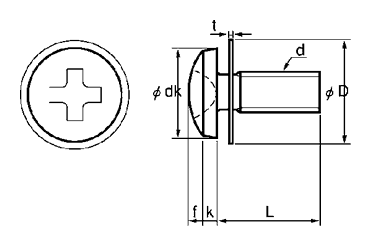 鉄(+)バインド頭セムス小ねじ I＝1(ISO平座 組込)の寸法図