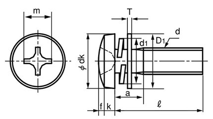 鉄(+)バインド頭セムス小ねじ I＝3 (バネ座+ISO平座 組込)の寸法図