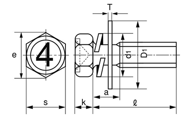 鉄 (4マーク)六角アプセット頭セムス小ねじ PD＝3 (バネ座+大径平座組込)の寸法図