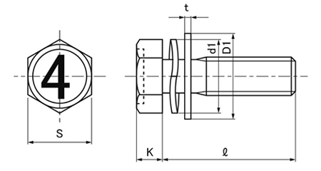 鉄 (4マーク)六角アプセット頭セムス小ねじ SP＝3 (ツーロック座+JIS平座 組込)の寸法図