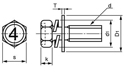 鉄 (4マーク)小形六角アプセット頭セムス小ねじ I＝3 (バネ座+ISO平座 組込)の寸法図