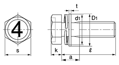 鉄 (4マーク)小形六角アプセット頭セムス小ねじ SP＝3 (ツーロック+JIS平座組込)の寸法図