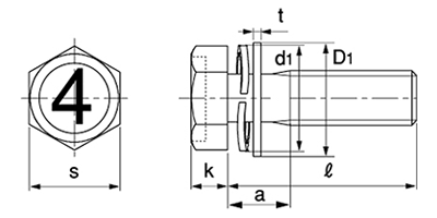 鉄 (4マーク)小形(細目)六角アプセットセムス小ねじ SP＝3 (ツーロック+JIS平座 組込)の寸法図