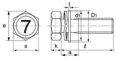 鋼 (7マーク)六角アプセット頭セムス小ねじ SP＝3 (ツーロック・バネ座+JIS平座 組込)の寸法図