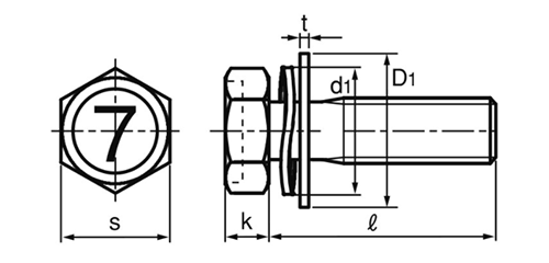 鋼 (7マーク)六角アプセット頭セムス小ねじ SPD＝3 (ツーロック・バネ座+大径平座 組込)の寸法図