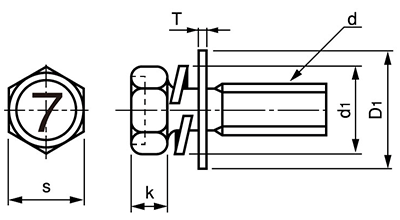 鋼 (7マーク)小形六角アプセット頭セムス小ねじ I＝3 (バネ座+ISO平座 組込)の寸法図