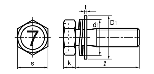 鋼 (7マーク)小形六角アプセット頭セムス小ねじ SP＝3 (ツーロック・バネ座+JIS平座 組込)の寸法図