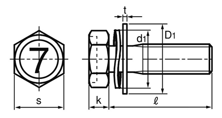 鋼 (7マーク)小形六角アプセット頭セムス小ねじ (細目) SP＝3 (ツーロック+JIS平座 組込)の寸法図