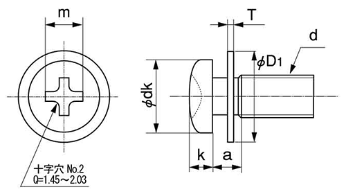 鉄(+) スリムPANヘッドナベ頭セムス小ねじ P＝1(JIS平座 組込)の寸法図