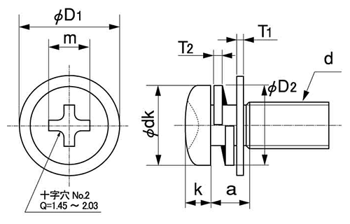 鉄(+) スリムPANヘッドナベ頭セムス小ねじ P＝3 (バネ座+JIS平座 組込)の寸法図