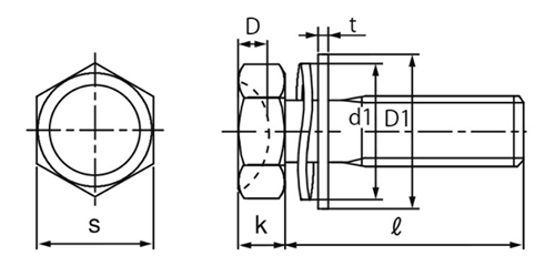 鉄 六角アプセット頭セムス小ねじ DR SP＝3 (波形ばね座+大径平座 組込)(十字穴無し)の寸法図