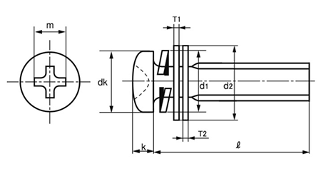 鉄(+) ナベ頭セムス小ねじ P＝3N (バネ座+鉄JIS平座+ナイロンJIS平座組込)の寸法図