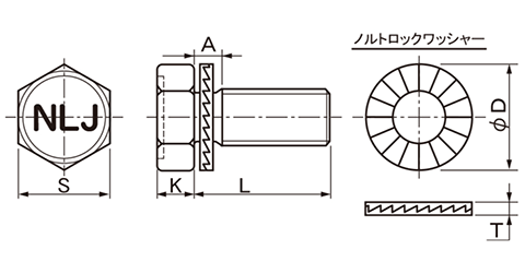 鉄 ノルトロックワッシャー組込み 六角頭セムス小ねじ (緩み止め用)(NLJCB)の寸法図