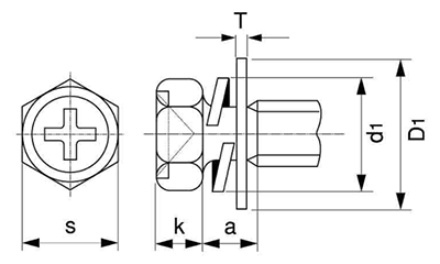 鉄(+)六角アプセット頭セムス小ねじ P＝3 (ピタック 極薄板用)(バネ座+JIS平座 組込)の寸法図