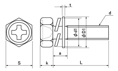 鉄(+)六角アプセット頭セムス小ねじ P＝4 (薄板用)(バネ座+JIS小形平座 組込)の寸法図