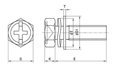 鉄(+)(-)六角アプセット頭セムス小ねじ SP＝3 (薄板用)(波形ばね座+JIS平座 組込)(プラマイ)の寸法図