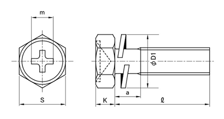 黄銅 (+)六角アプセット頭セムス小ねじ P＝2 (バネ座組込)の寸法図