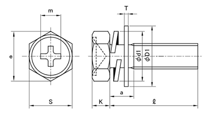 黄銅 (+)六角アプセット頭セムス小ねじ P＝4 (バネ座+JIS小形平座 組込)の寸法図