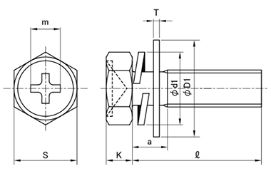 黄銅 (+)六角アプセット頭セムス小ねじ I＝3 (バネ座+ISO平座 組込)の寸法図