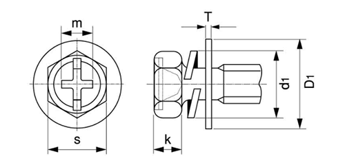 黄銅 (+)(-)六角アプセット頭セムス小ねじ P＝3 (バネ座+JIS平座 組込)の寸法図