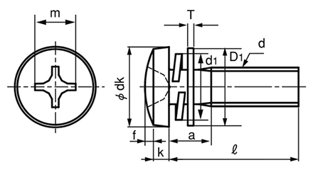 黄銅 (+)バインド頭セムス小ねじ P＝4 (バネ座+JIS小形平座 組込)の寸法図