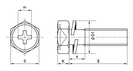 ステンレス (+)小形六角アプセット頭セムス小ねじ P＝2 (バネ座組込)の寸法図