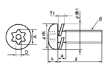 ステンレス TRXタンパープルーフ ナベ頭 小ねじ P＝2 (バネ座組込)(ピン付き)の寸法図