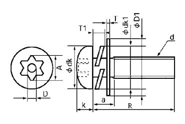 ステンレス TRXタンパープルーフ ナベ頭 小ねじ P＝3 (バネ座+JIS平座組込)(ピン付き)の寸法図