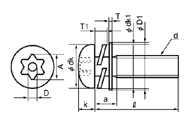 ステンレス TRXタンパープルーフ ナベ頭 小ねじ P＝4 (バネ座+JIS小平座組)(ピン付き)の寸法図