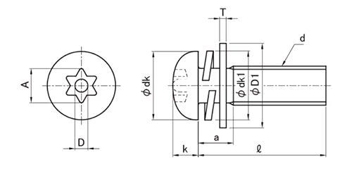 ステンレス TRXタンパープルーフ ナベ頭 小ねじ I＝3 (バネ座+ISO平座 組込)(ピン付き)の寸法図