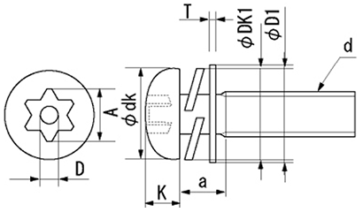 ステンレス TRXタンパープルーフ ナベ頭 小ねじ I＝4 (バネ座+ISO小形平座 組込)(ピン付き)の寸法図